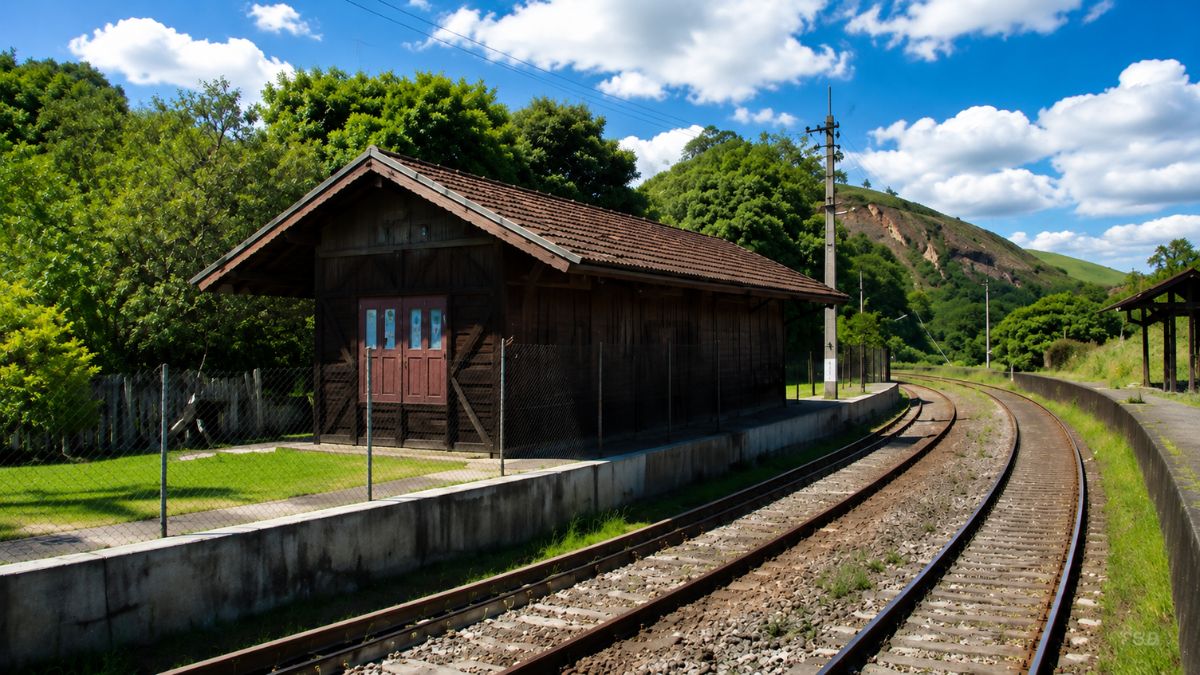 Construção antiga de madeira de uma estação ferroviária preservada ao lado de trilhos de trem que fazem uma curva em direção às colinas verdes e ensolaradas da cidade fluminense.