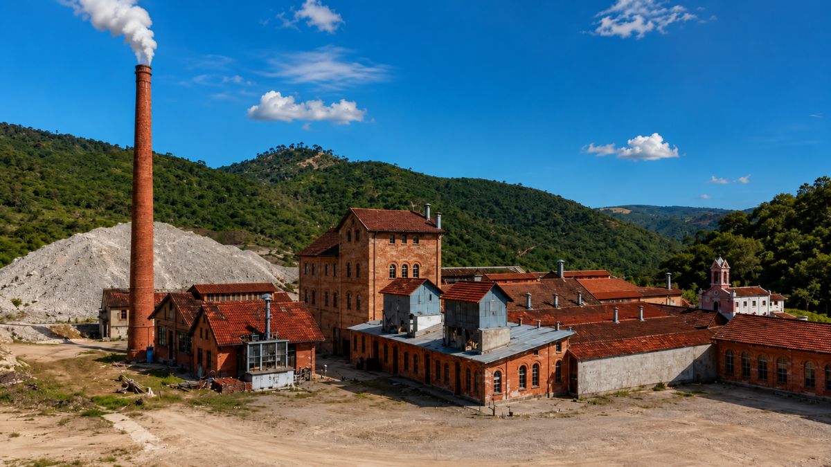Fotografia aérea mostrando o complexo industrial do Prédio Histórico da Cervejaria Teutônia com sua chaminé de tijolos vermelhos ativa, galpões de telhado colonial e montanhas verdes ao fundo em Mendes, Rio de Janeiro.