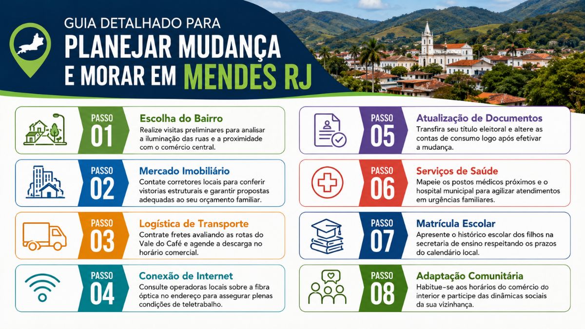 Infográfico com oito passos numerados explicativos para planejar mudança e residir no município de Mendes mostrando um cabeçalho com a paisagem da cidade ao fundo.