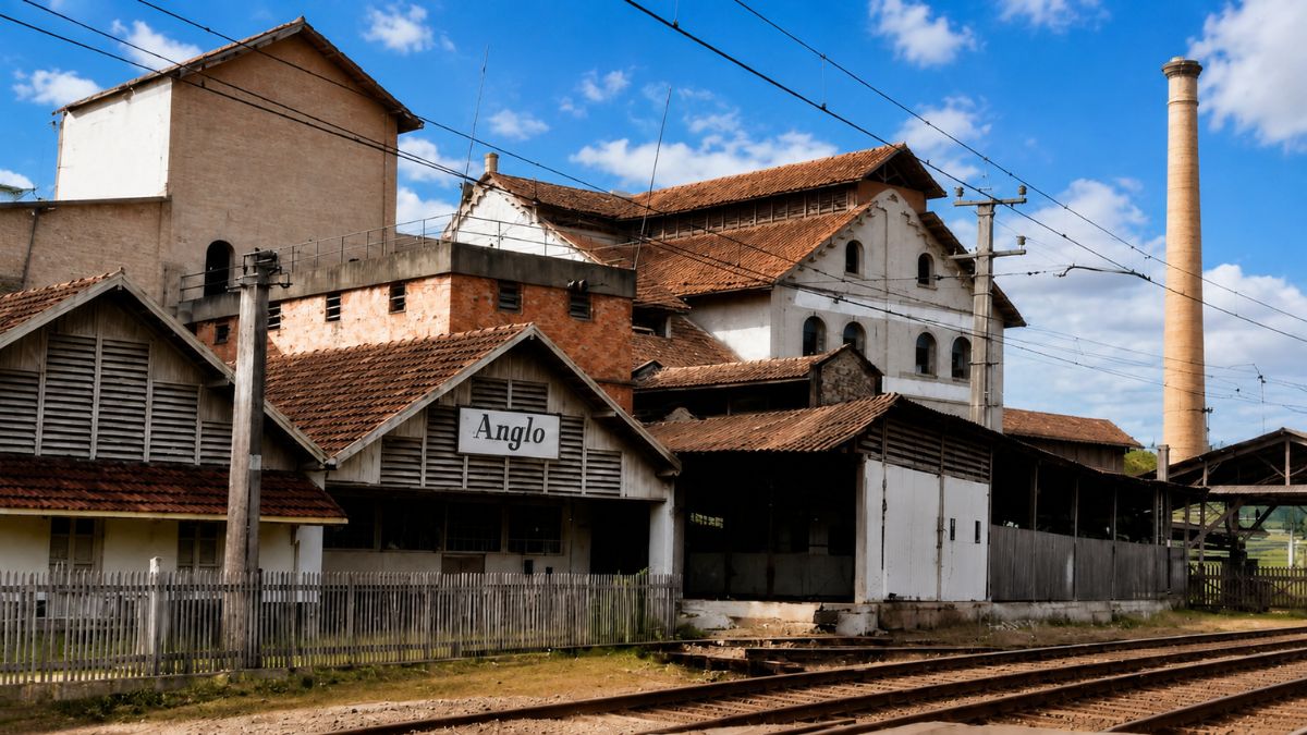 Antiga linha de trem passando em frente ao complexo industrial do Frigorífico Anglo com placa de identificação visível na fachada de madeira, galpões de tijolos e chaminé ao fundo sob céu azul em Mendes, Rio de Janeiro.