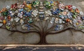 Mosaico tridimensional da Árvore da Vida na Praça Dr. João Neri em Mendes, feito com galhos de ferro e fragmentos de porcelana colorida.