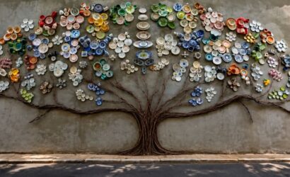 Mosaico tridimensional da Árvore da Vida na Praça Dr. João Neri em Mendes, feito com galhos de ferro e fragmentos de porcelana colorida.