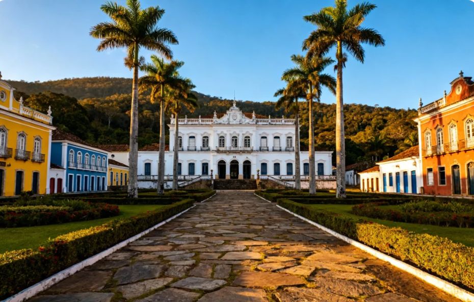 Vista frontal de um imponente casarão colonial branco no centro de uma praça em Vassouras, Rio de Janeiro. A construção é ladeada por palmeiras imperiais e casarios coloridos. Um caminho de pedras leva à entrada principal, com jardins bem cuidados dos dois lados. Ao fundo, montanhas cobertas de vegetação sob um céu azul.