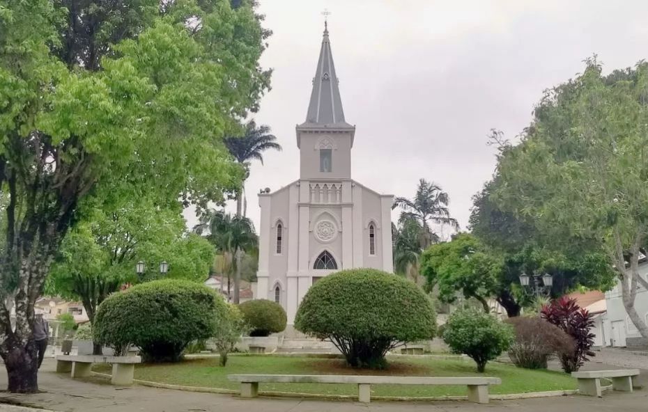 Fotografia da Igreja Matriz de Santa Teresa na cidade de Rio das Flores. A igreja de cor clara e estilo neogótico está ao centro da imagem, cercada por uma praça com árvores, arbustos e bancos. O céu está nublado, conferindo uma luz suave à cena.