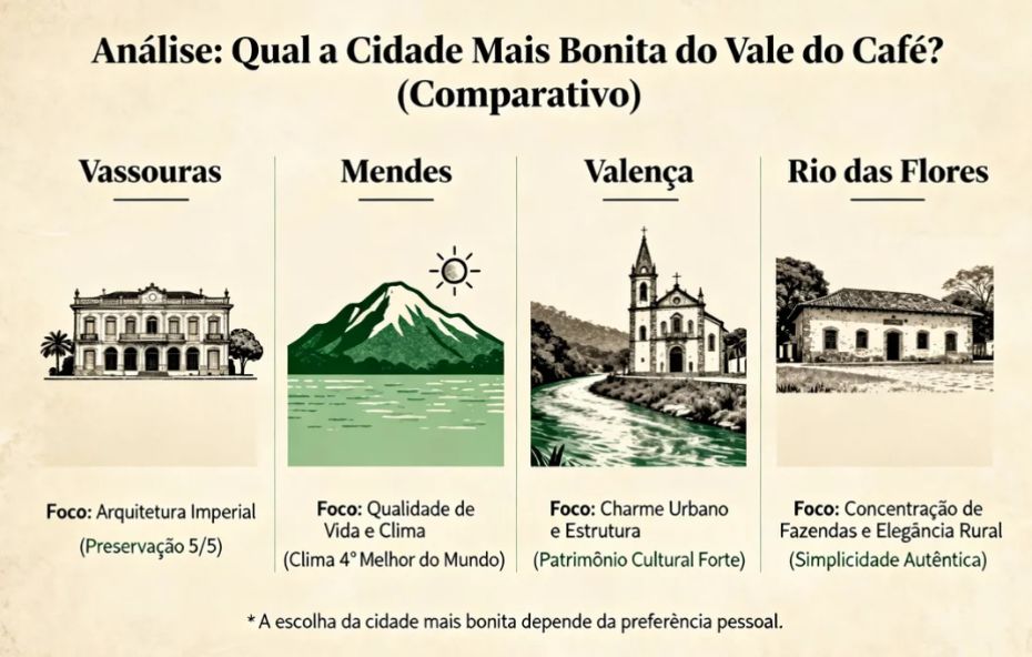 Um infográfico que compara as cidades de Vassouras, Mendes, Valença e Rio das Flores. A imagem mostra ícones e textos que destacam as principais características de cada localidade, como a arquitetura imperial de Vassouras, o clima de Mendes, o patrimônio cultural de Valença e a elegância rural de Rio das Flores, questionando qual seria a cidade mais bonita da região.