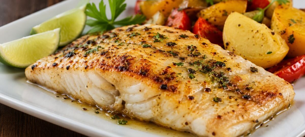 Filé de peixe assado dourado com ervas finas acompanhado de batatas assadas, tomates e fatias de limão em um prato branco.