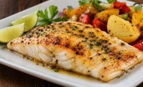 Filé de peixe assado dourado com ervas finas acompanhado de batatas assadas, tomates e fatias de limão em um prato branco.