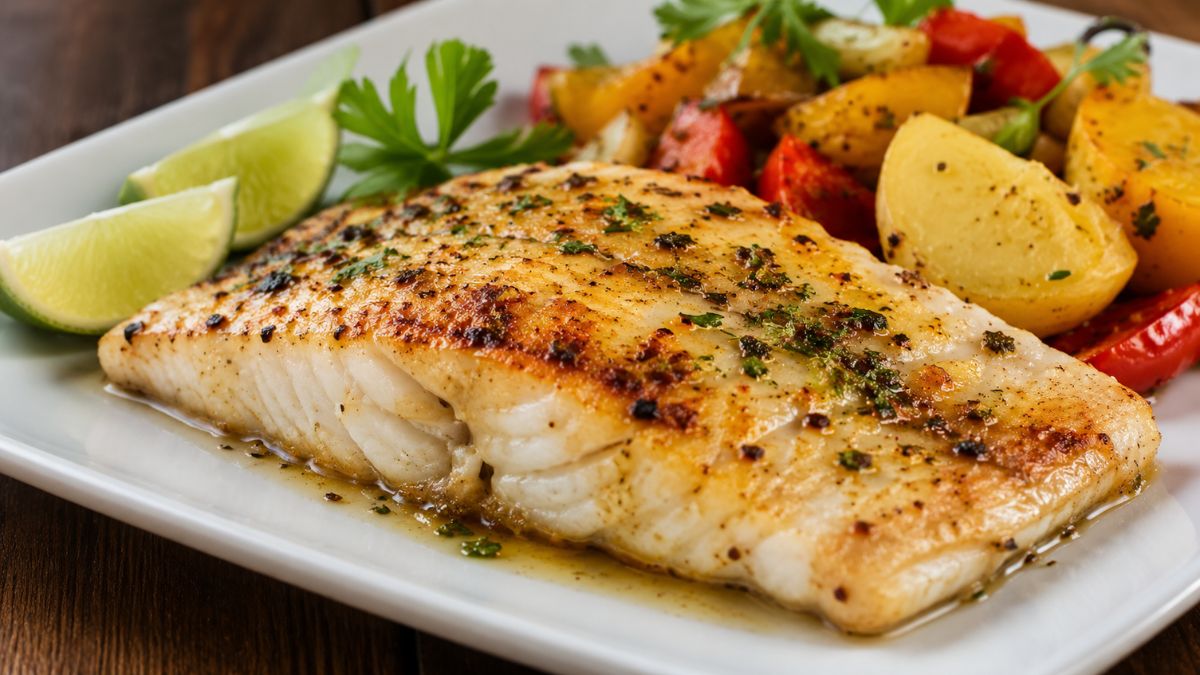 Filé de peixe assado dourado com ervas finas acompanhado de batatas assadas, tomates e fatias de limão em um prato branco.
