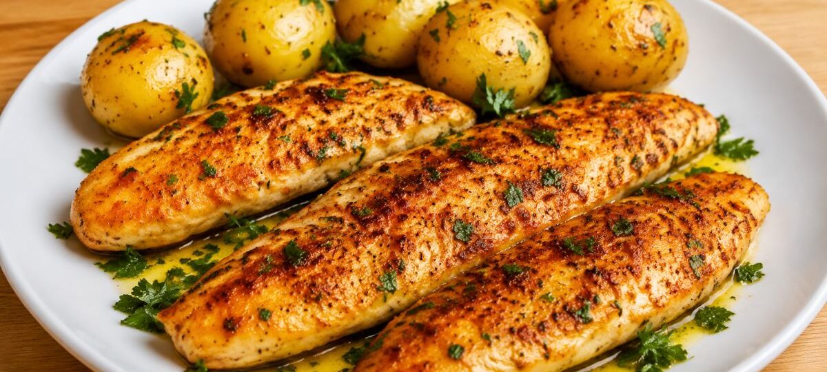 Um prato branco com três filés de peixe dourados e temperados cobertos com molho de manteiga e ervas, acompanhados por batatas bolinha assadas ao fundo, tudo sobre uma mesa de madeira.