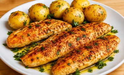 Um prato branco com três filés de peixe dourados e temperados cobertos com molho de manteiga e ervas, acompanhados por batatas bolinha assadas ao fundo, tudo sobre uma mesa de madeira.