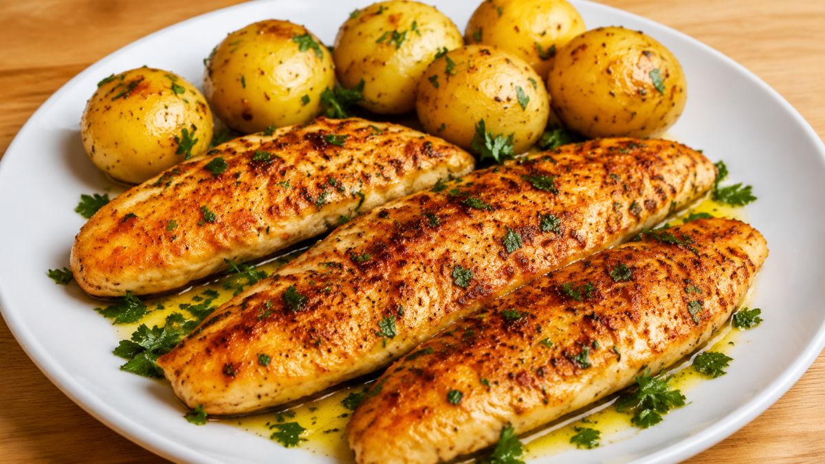 Um prato branco com três filés de peixe dourados e temperados cobertos com molho de manteiga e ervas, acompanhados por batatas bolinha assadas ao fundo, tudo sobre uma mesa de madeira.