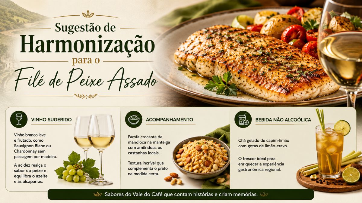 Infográfico com sugestões de harmonização para filé de peixe assado incluindo vinho branco, farofa crocante e chá de capim limão.