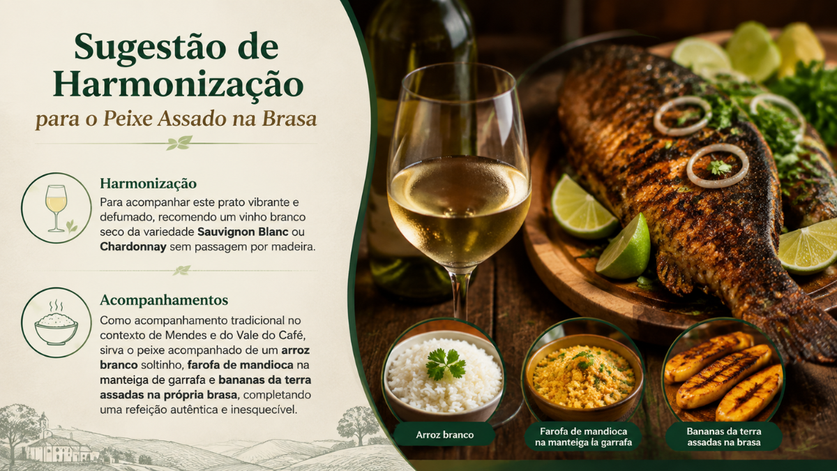 Infográfico explicativo sobre harmonização para peixe assado na brasa, exibindo uma taça de vinho branco seco, garrafa de vinho, peixe dourado assado na tábua de madeira e pequenas fotos circulares de arroz branco, farofa de mandioca e bananas da terra assadas.