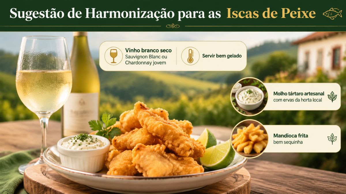 Infográfico explicativo sobre a harmonização perfeita para iscas de peixe, destacando uma taça de vinho branco seco bem gelado, molho tártaro artesanal com ervas e mandioca frita sequinha ao lado do prato.