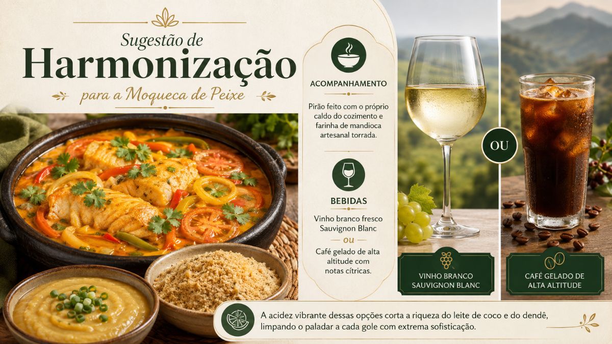 Infográfico explicativo com sugestão de harmonização para moqueca de peixe. À esquerda, uma panela de barro com moqueca cremosa acompanhada de pirão de peixe e farofa de mandioca torrada. Ao centro e à direita, opções de bebidas destacadas em fotografias com taça de vinho branco Sauvignon Blanc ao lado de uvas verdes e um copo de café gelado de alta altitude sobre grãos de café, com fundo de montanhas do Vale do Café.