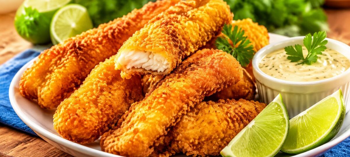 Prato com iscas de peixe fritas e empanadas com crosta dourada e crocante, servidas com fatias de limão fresco e molho cremoso de ervas ao lado, prontas para saborear.