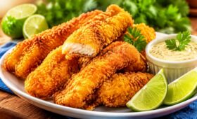 Prato com iscas de peixe fritas e empanadas com crosta dourada e crocante, servidas com fatias de limão fresco e molho cremoso de ervas ao lado, prontas para saborear.
