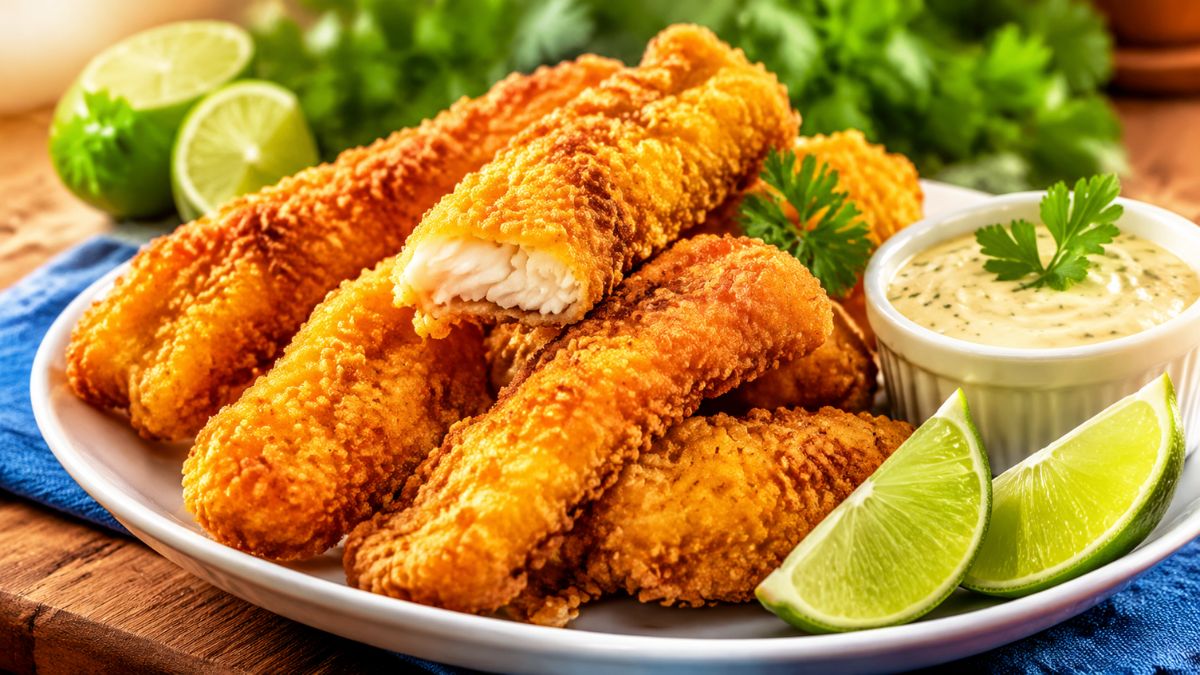 Prato com iscas de peixe fritas e empanadas com crosta dourada e crocante, servidas com fatias de limão fresco e molho cremoso de ervas ao lado, prontas para saborear.