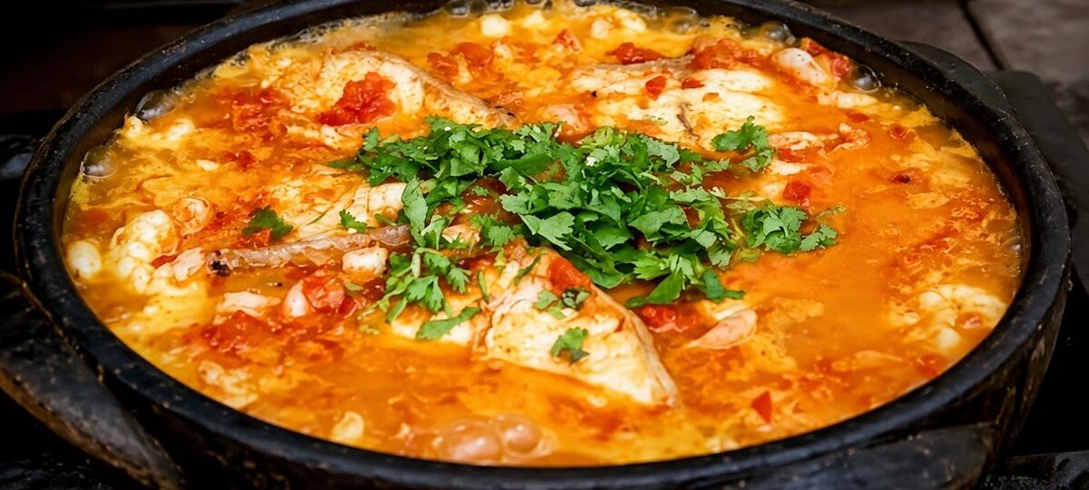 Fotografia em close de uma moqueca de peixe fervendo em uma panela de barro preta. O caldo é alaranjado e rústico, com pedaços visíveis de peixe branco, tomate e cebola. No centro, há uma porção generosa de coentro fresco picado sobre o ensopado.