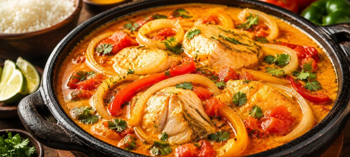 Panela de barro rústica com moqueca de peixe em caldo laranja cremoso de leite de coco e azeite de dendê. O prato contém postas de peixe grelhadas, rodelas de cebola e pimentão, tomates e coentro fresco picado. Ao fundo, uma tigela de arroz branco, gomos de limão e vegetais frescos.