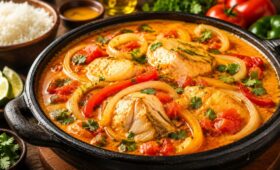 Panela de barro rústica com moqueca de peixe em caldo laranja cremoso de leite de coco e azeite de dendê. O prato contém postas de peixe grelhadas, rodelas de cebola e pimentão, tomates e coentro fresco picado. Ao fundo, uma tigela de arroz branco, gomos de limão e vegetais frescos.