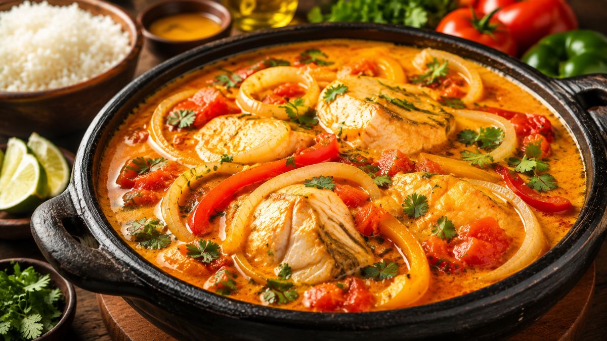 Panela de barro rústica com moqueca de peixe em caldo laranja cremoso de leite de coco e azeite de dendê. O prato contém postas de peixe grelhadas, rodelas de cebola e pimentão, tomates e coentro fresco picado. Ao fundo, uma tigela de arroz branco, gomos de limão e vegetais frescos.