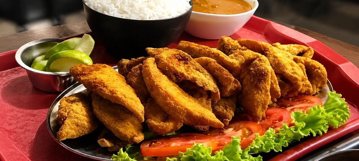 Uma travessa com filés de peixe frito dourado e crocante servida com acompanhamentos como arroz branco, pirão cremoso e uma salada de alface e tomate frescos, tudo em uma bandeja vermelha sobre uma mesa de madeira.