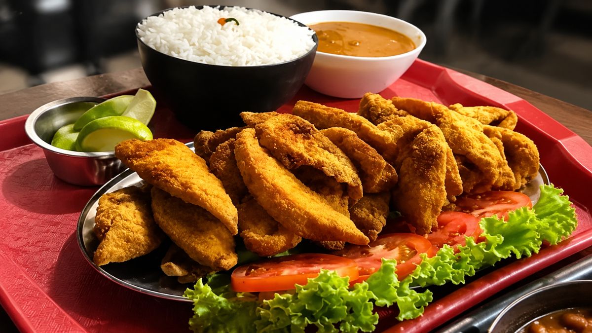 Uma travessa com filés de peixe frito dourado e crocante servida com acompanhamentos como arroz branco, pirão cremoso e uma salada de alface e tomate frescos, tudo em uma bandeja vermelha sobre uma mesa de madeira.