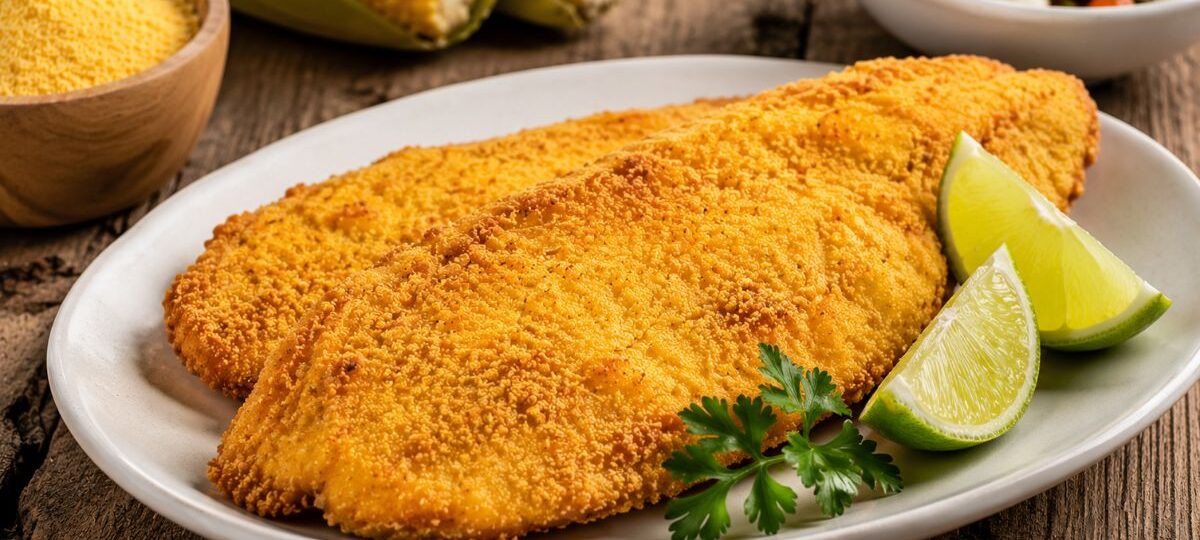 Dois filés de peixe fritos com empanado de fubá dourado e crocante em um prato branco servido com fatias de limão e salsa fresca sobre uma mesa de madeira rústica. Ao fundo tigelas com fubá milho verde e salada de tomate.