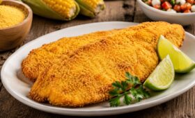 Dois filés de peixe fritos com empanado de fubá dourado e crocante em um prato branco servido com fatias de limão e salsa fresca sobre uma mesa de madeira rústica. Ao fundo tigelas com fubá milho verde e salada de tomate.