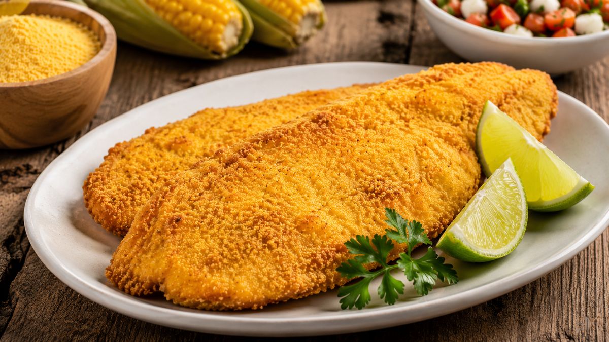Dois filés de peixe fritos com empanado de fubá dourado e crocante em um prato branco servido com fatias de limão e salsa fresca sobre uma mesa de madeira rústica. Ao fundo tigelas com fubá milho verde e salada de tomate.