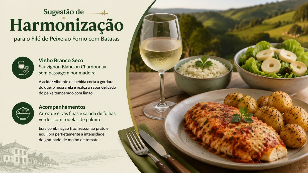 Um infográfico culinário com fundo de paisagem montanhosa. À esquerda, uma coluna de texto com ícones circulares. O topo tem o título "Sugestão de Harmonização para o Filé de Peixe ao Forno com Batatas". Abaixo, uma seção para "Vinho Branco Seco" com ícone de taça de vinho e garrafa de uva, listando Sauvignon Blanc ou Chardonnay sem passagem por madeira, com uma explicação de que a acidez corta a gordura do queijo e realça o sabor do peixe. Embaixo, uma seção para "Acompanhamentos" com ícone de tigela de salada e arroz, listando arroz de ervas finas e salada de folhas verdes com palmito, explicando que traz frescor e equilibra o gratinado. À direita, uma foto de uma mesa posta com um prato de filé de peixe gratinado com batatas, uma tigela de arroz, uma tigela de salada com palmito, uma taça de vinho branco e talheres sobre um guardanapo. Um desenho de uma casa antiga está no canto inferior esquerdo.