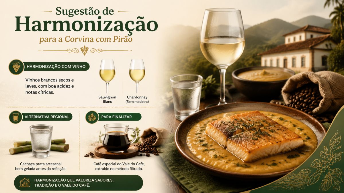 Infográfico explicativo sobre harmonização para a receita de Corvina com Pirão, apresentando opções de vinho branco seco, cachaça prata artesanal e café especial do Vale do Café, ao lado de um prato servido com o peixe grelhado e o pirão.
