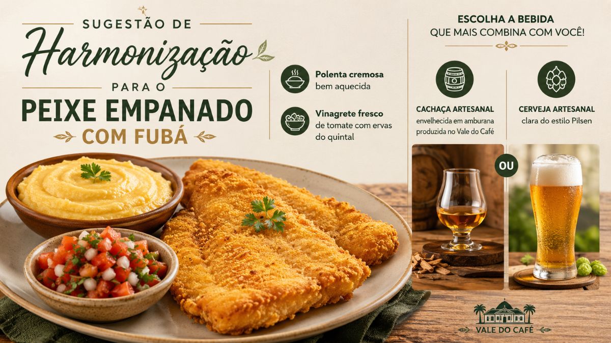 Infográfico com sugestão de harmonização para peixe empanado com fubá mostrando um prato com filés crocantes polenta cremosa e vinagrete de tomate ao lado de opções de bebidas como cachaça artesanal envelhecida e cerveja pilsen.