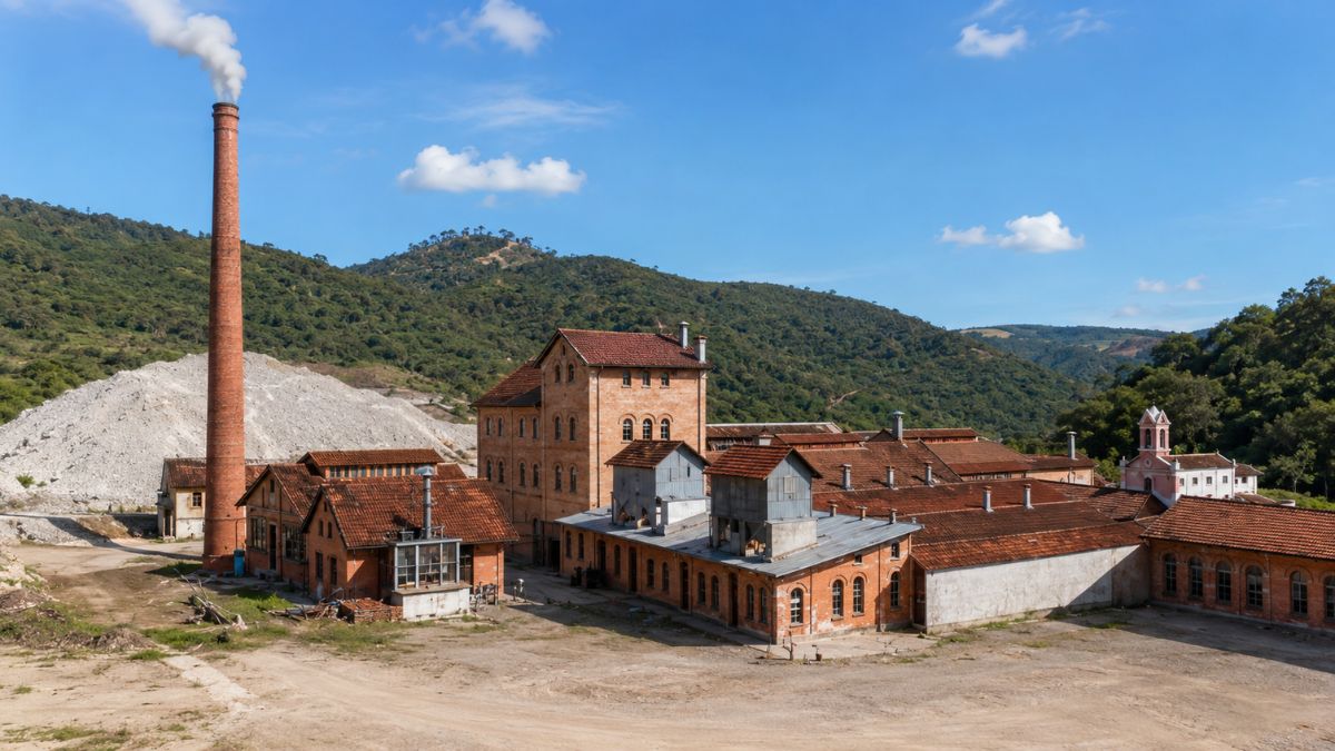 Vista ampla do complexo arquitetônico da Antiga Cervejaria Teutônia em Mendes exibindo edifícios industriais de tijolos aparentes e grande chaminé.