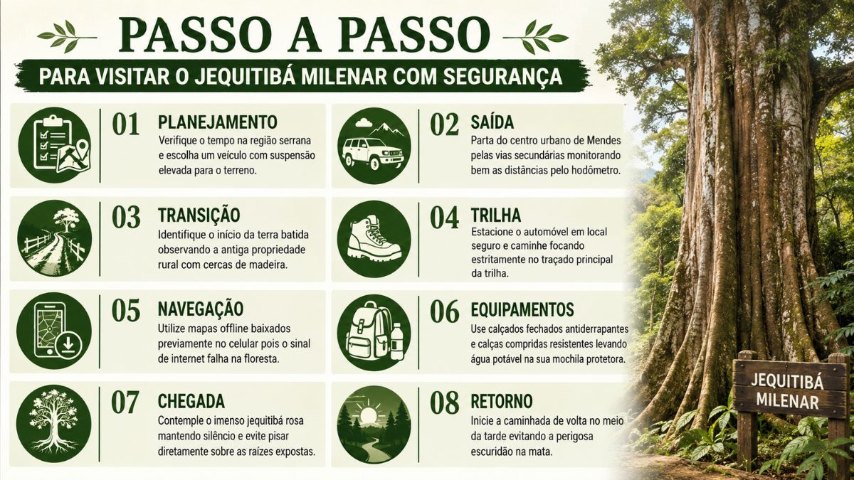 Infográfico verde e branco detalhando as oito etapas de planejamento, navegação e segurança para visitar o Jequitibá Milenar em Mendes.