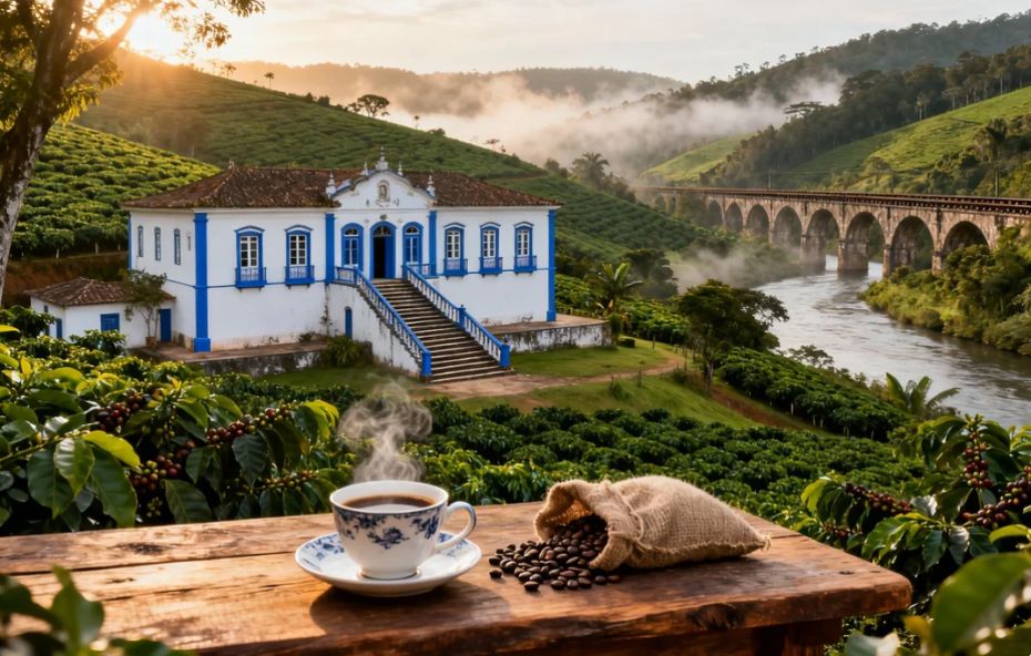 Paisagem de uma fazenda de café no Brasil ao nascer do sol, mostrando um casarão colonial, plantações em colinas verdes, um rio e uma ponte de pedra ao fundo. Em primeiro plano, sobre uma mesa de madeira, uma xícara de café fumegante e um saco com grãos de café.