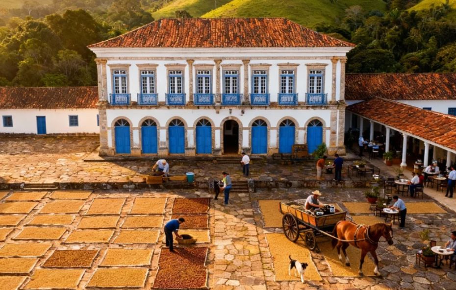 Vista aérea de uma fazenda histórica no Vale do Café com casarão branco de janelas azuis e terreiro de pedra onde grãos secam ao sol sob a luz do entardecer entre montanhas verdes.