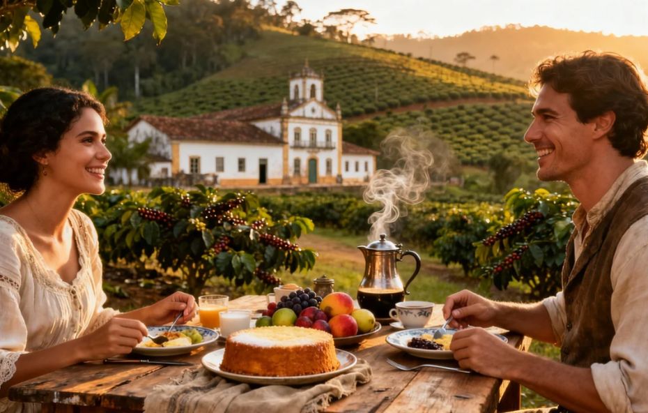 Fotografia de um casal desfrutando de um café da manhã ao ar livre. Um homem e uma mulher sorriem um para o outro sentados a uma mesa de madeira rústica. Sobre a mesa, há um bolo, frutas, suco e um bule de café fumegante. Ao fundo, uma fazenda histórica colonial brasileira e extensas plantações de café em colinas sob a luz dourada do sol.