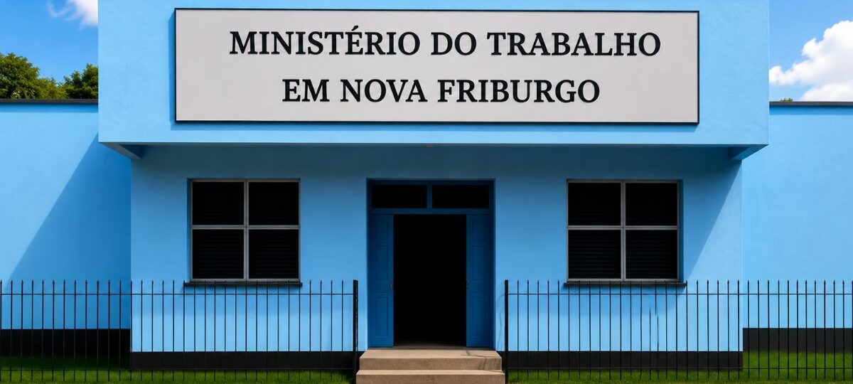 Fachada do edifício do Ministério do Trabalho em Nova Friburgo com paredes azuis, placa de identificação na entrada, janelas de vidro e portão de ferro preto.