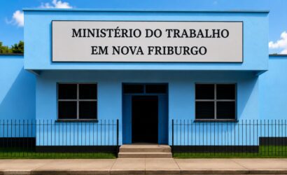 Fachada do edifício do Ministério do Trabalho em Nova Friburgo com paredes azuis, placa de identificação na entrada, janelas de vidro e portão de ferro preto.