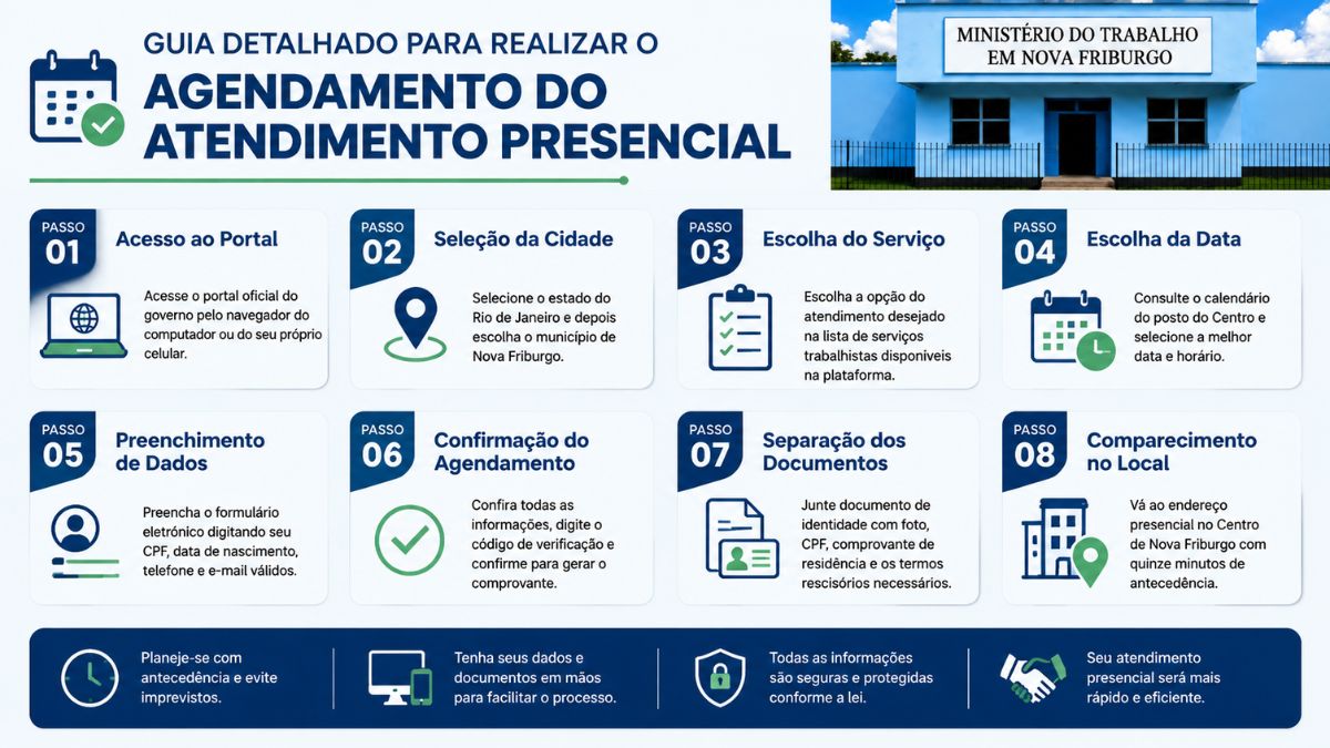 Infográfico com o passo a passo completo para realizar o agendamento do atendimento presencial no Ministério do Trabalho em Nova Friburgo, com ícones explicativos e a foto da fachada do prédio.
