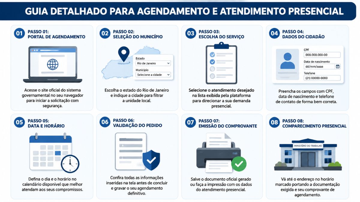 Infográfico com oito passos explicativos mostrando o processo de agendamento online para atendimento presencial no Ministério do Trabalho em Petrópolis.