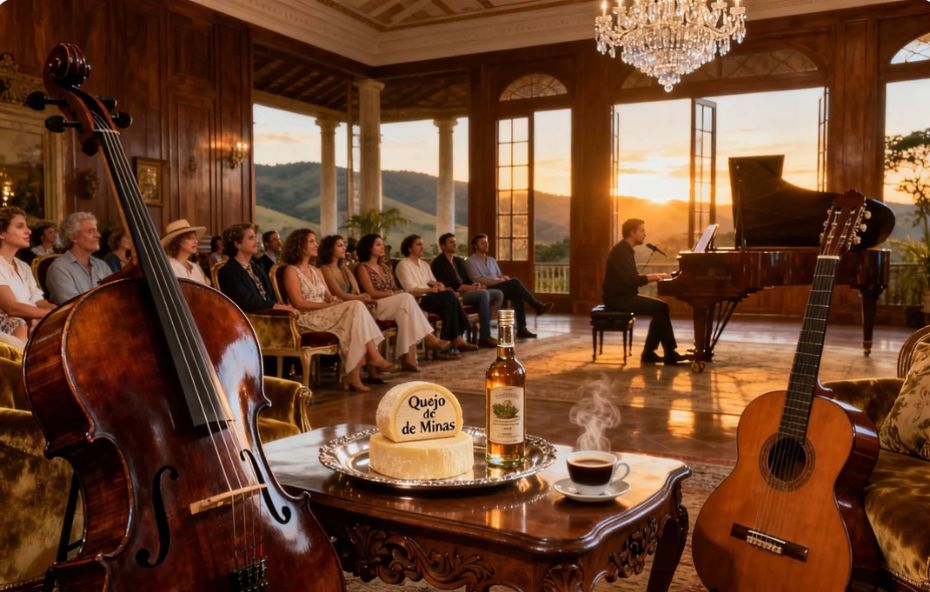 Uma fotografia de alta qualidade do interior de um salão luxuoso em uma fazenda histórica durante o pôr do sol. Em primeiro plano há uma mesa de madeira esculpida com uma peça de queijo artesanal sobre uma bandeja de prata acompanhada por uma garrafa de cachaça de alambique e uma xícara de café fumegante. Um violoncelo e um violão clássico emolduram a cena. Ao fundo o público assiste atentamente a um músico tocando piano em frente a grandes janelas que revelam as colinas verdes do vale sob a luz dourada do fim de tarde.