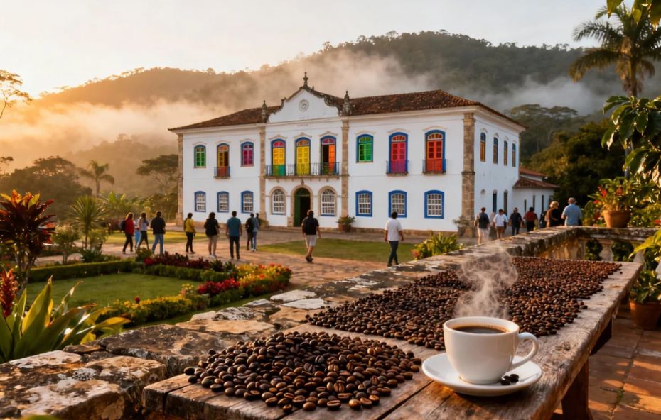 Fotografia de uma fazenda histórica no Vale do Café, com um casarão colonial branco de janelas coloridas ao fundo. Em primeiro plano, uma xícara de café fumegante e grãos de café espalhados sobre uma mesa de madeira, com turistas passeando pelos jardins ao amanhecer.