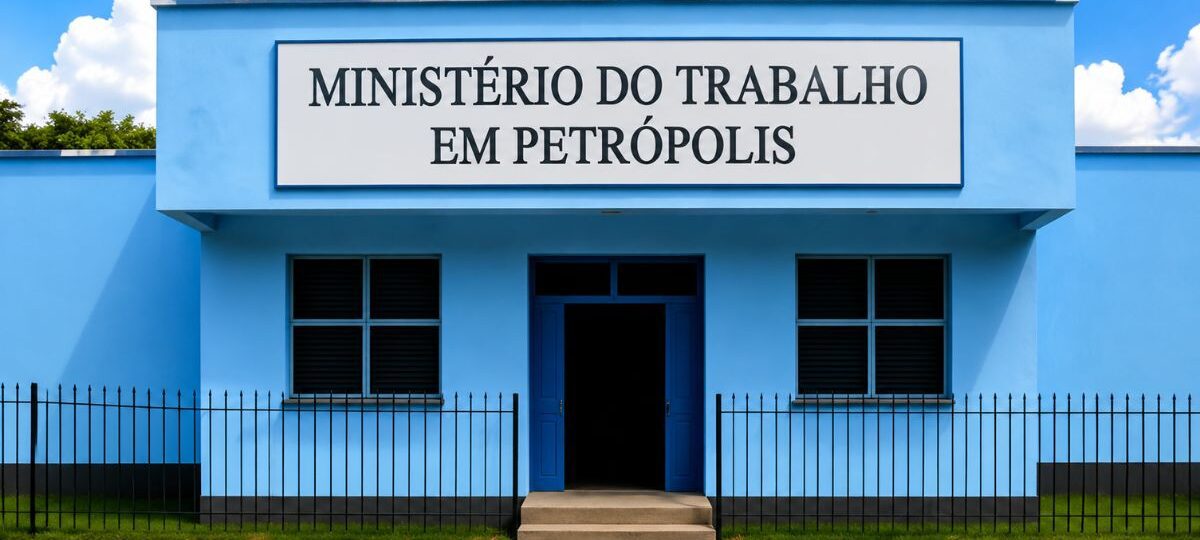 Fachada de prédio público na cor azul com uma placa branca contendo a escrita Ministério do Trabalho em Petrópolis em letras pretas.