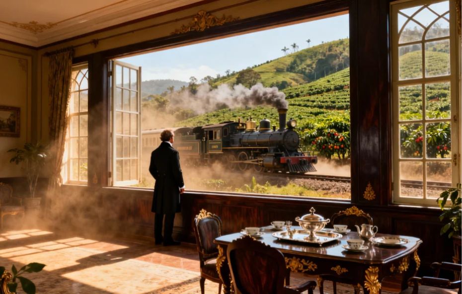 Uma imagem interna realista de um casarão colonial do século dezenove no Vale do Café. No primeiro plano, uma sala de jantar luxuosa com mesa posta em prata e cadeiras de jacarandá. Ao centro, um homem vestido formalmente observa pela janela uma locomotiva a vapor que atravessa colinas cobertas por plantações de café sob a luz do entardecer.