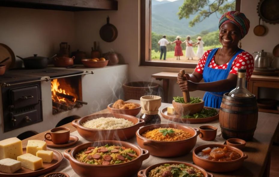 Uma mesa farta de madeira em uma cozinha rústica de fazenda exibe diversos pratos típicos em panelas de barro fumegantes como o arroz de suã e o feijão tropeiro além de queijos artesanais e café especial. Ao lado uma mulher negra sorridente com trajes coloridos utiliza um pilão enquanto ao fundo um fogão a lenha aceso e uma janela aberta revelam uma paisagem montanhosa com pessoas em uma roda de Jongo.