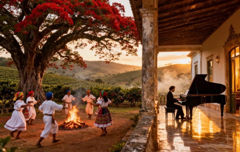 Fotografia realista de uma fazenda histórica ao pôr do sol onde um pianista toca em uma varanda colonial enquanto um grupo de jongo dança ao redor de uma fogueira sob um flamboyant florido com colinas de café ao fundo.