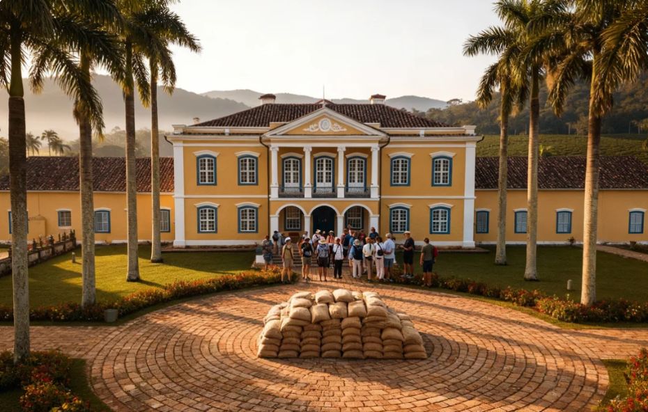 Imagem frontal de uma imponente fazenda histórica de cor amarela, com um grupo de turistas em frente à entrada principal. Altas palmeiras e sacas de café compõem a cena, com morros e plantações ao fundo.